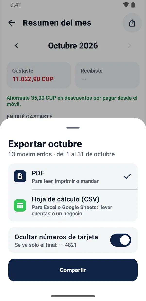 Exportar octubre en PDF o en hoja de cálculo, con los números de tarjeta tapados