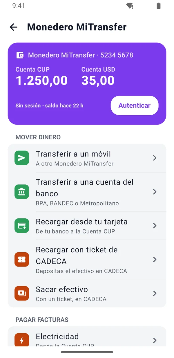 Monedero MiTransfer con saldo en CUP y USD y sus operaciones