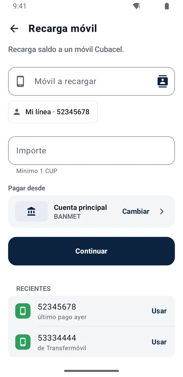 Recarga móvil con los números recientes