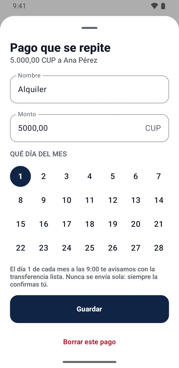 Pago que se repite: Alquiler, 5.000 CUP, el día 1 de cada mes